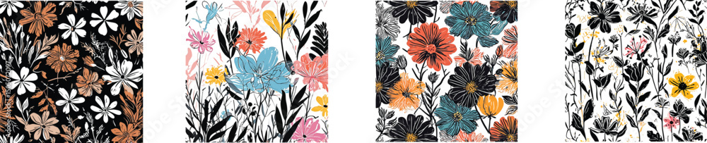 custom made wallpaper toronto digitalWildflower Meadow Watercolor Illustration with Black Ink Details on White Background
