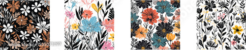 Wallpaper Mural Wildflower Meadow Watercolor Illustration with Black Ink Details on White Background Torontodigital.ca