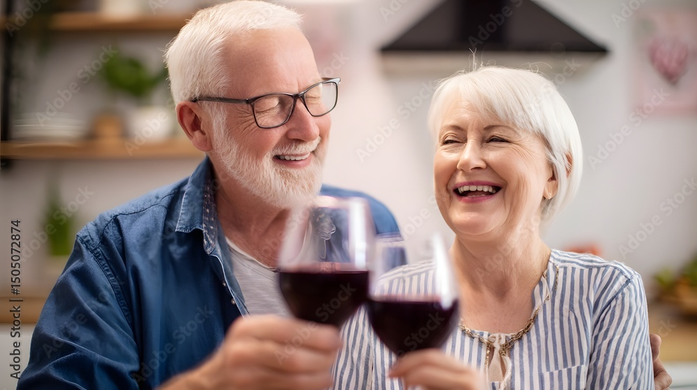 A joyful senior couple raising a glass of red wine to celebrate their well earned pension relaxing comfortably in their cozy home environment A joyful senior couple raising a glass of red wine to celebrate their well earned pension relaxing comfortably in their cozy home environment