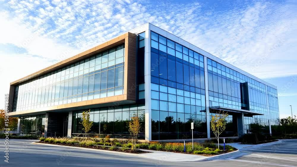 Modern glass office building exterior on a sunny day establishing shot Modern glass office building exterior on a sunny day establishing shot