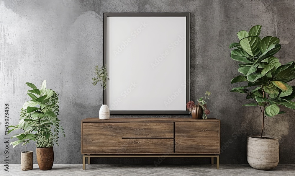 Blank frame above a wooden cabinet, flanked by potted plants against a textured grey wall. Blank frame above a wooden cabinet, flanked by potted plants against a textured grey wall.