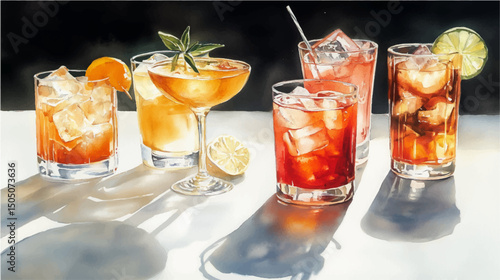 Vector illustration of various cocktails on the table, watercolor paint.