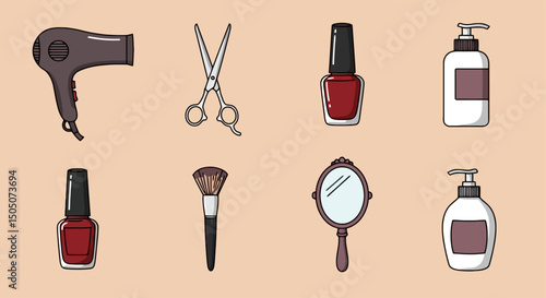 Vector icon set of beauty salon tools including hair dryer, scissors, nail polish, makeup brush, mirror, and skincare lotion.

