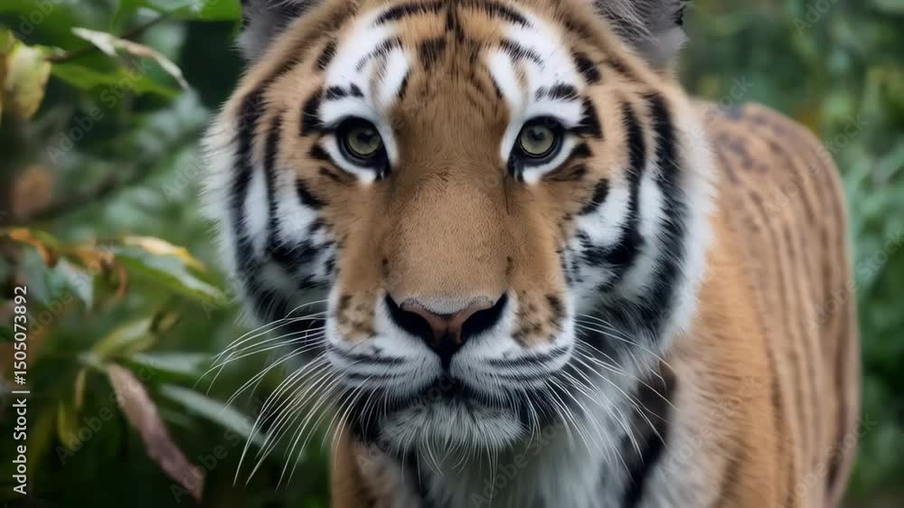 Striking portrait of a tiger looking directly at the camera, surrounded by lush green foliage in its natural habitat, wildlife photography. Striking portrait of a tiger looking directly at the camera, surrounded by lush green foliage in its natural habitat, wildlife photography.