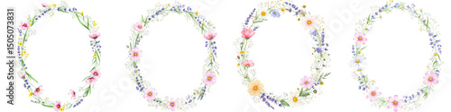 Oval floral wreath with pink blossoms, yellow wildflowers, and lavender sprigs