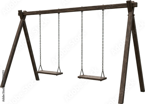 Rustic Wooden Swing Set with Metal Chains Empty Playground Swings Outdoor Recreation