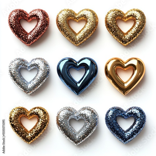 Realistic Heart Decorations In Various Colors And Finishes For Creative Photography and Design Projects
