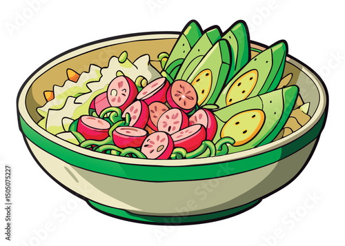 Colorful healthy bowl of pasta salad.
