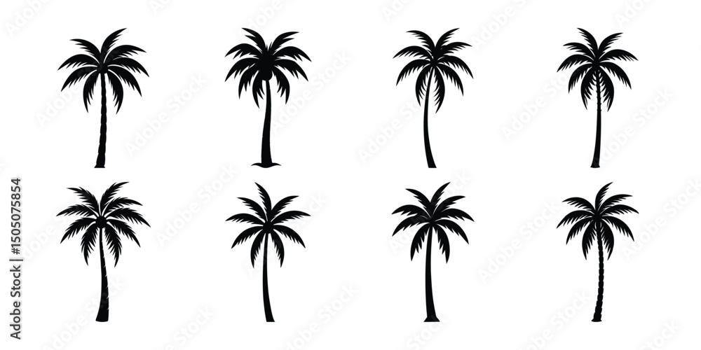 set of coconut tree silhouette on white background set of coconut tree silhouette on white background