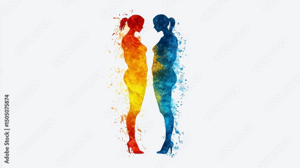 Fototapeta premium Two Abstract Figures Representing Love and Gender Diversity in Vibrant Colors