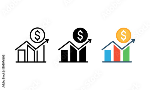 Real Estate Financial Growth Icon Set Outline Solid and Color Vector Designs