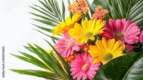 Vibrant Floral Bouquet with Colorful Gerbera Daisies and Green Leaves for Elegant Designs and Creative Projects