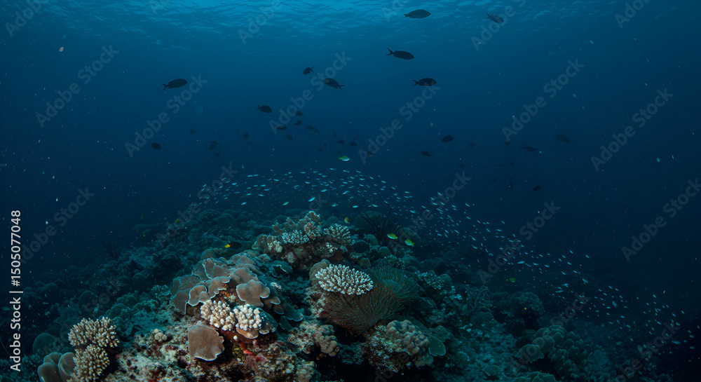 Vibrant underwater ecosystem featuring coral reefs and abundant marine life swimming Vibrant underwater ecosystem featuring coral reefs and abundant marine life swimming