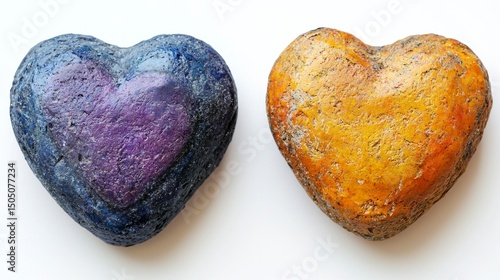 Two Artistic Heart-Shaped Rocks Showcasing Emotional Colors and Textures for Unique Photography and Love-Themed Projects