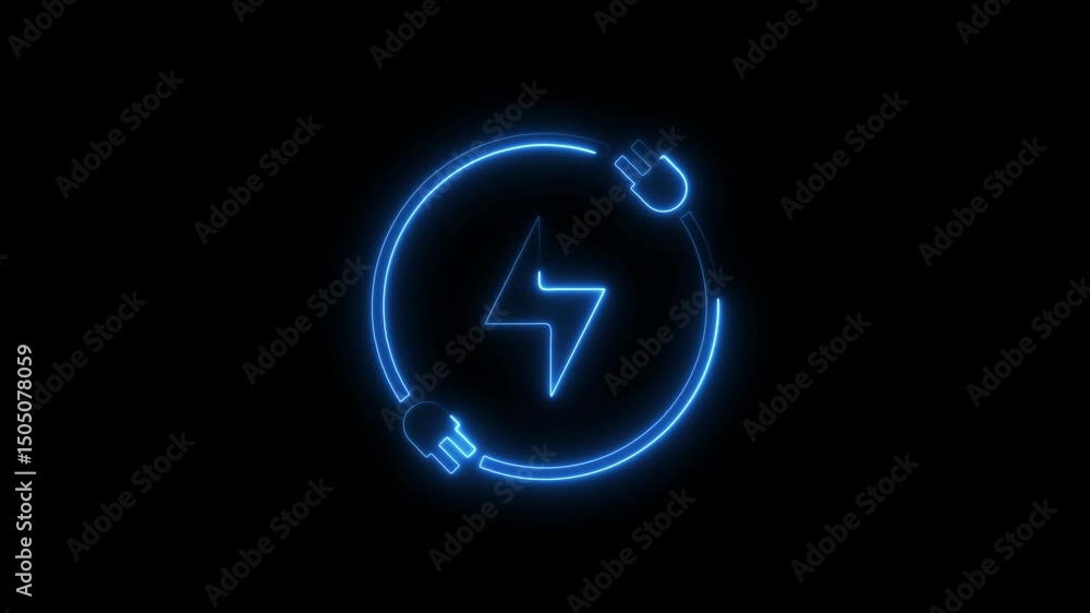 Electric charging symbol with glowing neon blue light animation on black background representing power and energy Electric charging symbol with glowing neon blue light animation on black background representing power and energy