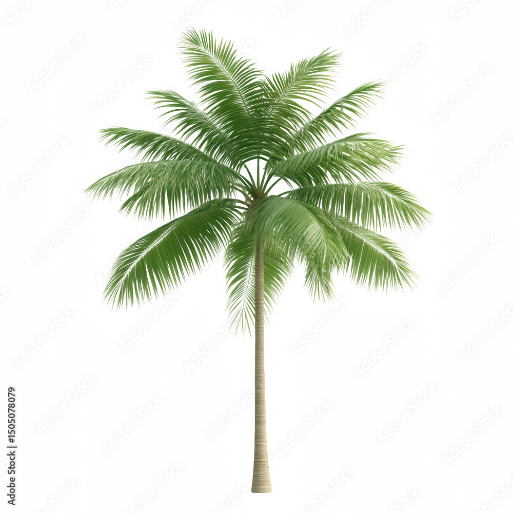 Fototapeta premium A tall, vibrant palm tree with lush green fronds against a white background.