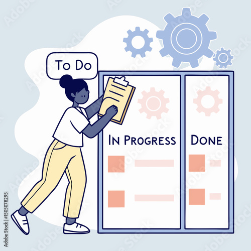 Digital kanban board management vector, soft blue background

