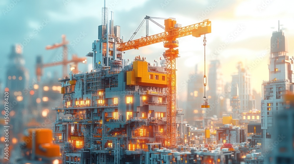 Futuristic Cityscape: Construction at Dawn Futuristic Cityscape: Construction at Dawn