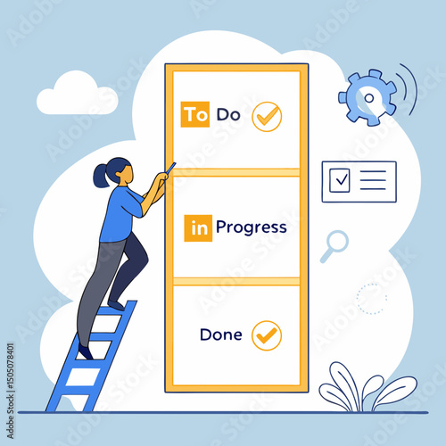 Digital kanban board management vector, soft blue background
