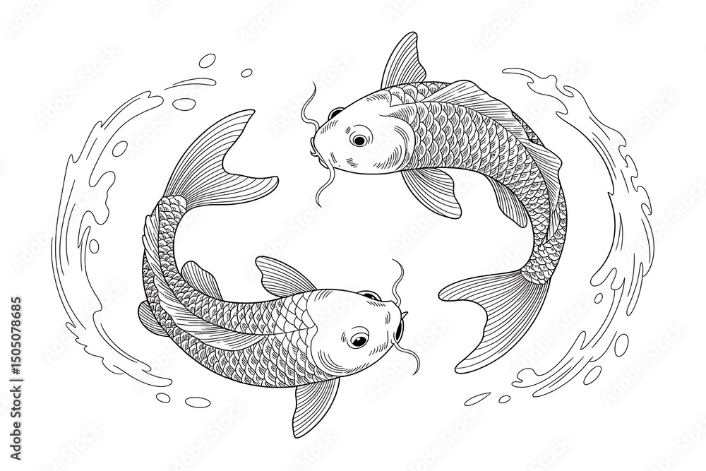 Obraz premium Engraving of two koi fish swimming in a circle isolated on white background