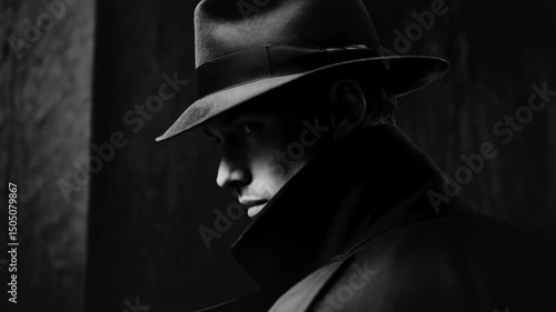 Monochrome close-up of a man in a fedora and trench coat looking to the side in a noir style with dramatic lighting.