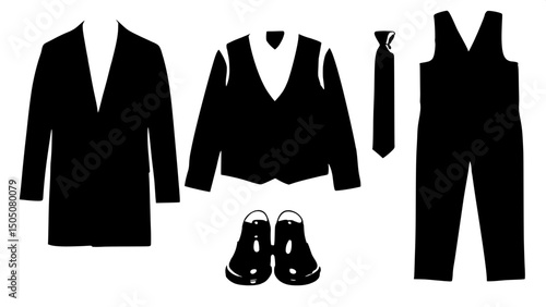 "Flat lay of modern formal menswear ensemble arranged symmetrically on a white background — includes black suit jacket, white dress shirt, black vest, black trousers, gold-striped black tie, and polis