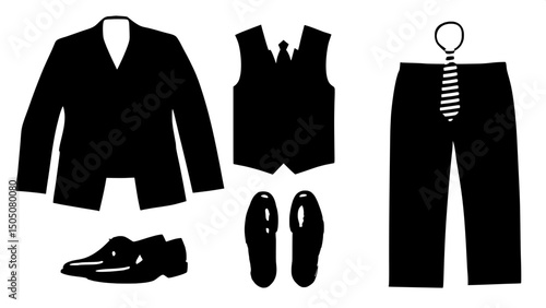 "Flat lay of modern formal menswear ensemble arranged symmetrically on a white background — includes black suit jacket, white dress shirt, black vest, black trousers, gold-striped black tie, and polis