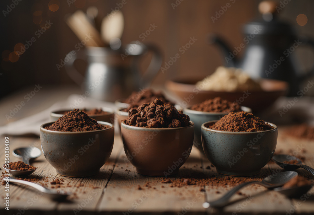 Brew coffee cupping table with numbered ceramic bowls and aroma spoons Brew coffee cupping table with numbered ceramic bowls and aroma spoons