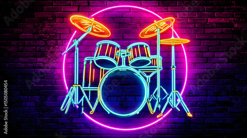 Drumset neon sign on a brick wall