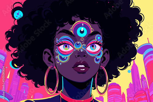 A Black woman with a large afro, her face covered in multiple expressive eyes, each eye unique
