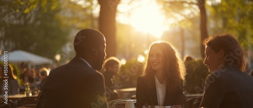 Three people have a friendly conversation outdoors at a cafe during sunset, enjoying the warm atmosphere and each other's company.