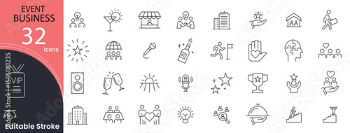 Event business related icons set. Including calendar, celebration, party, schedule, planning, invitation, venue, and organization. Editable stroke. outline icons.