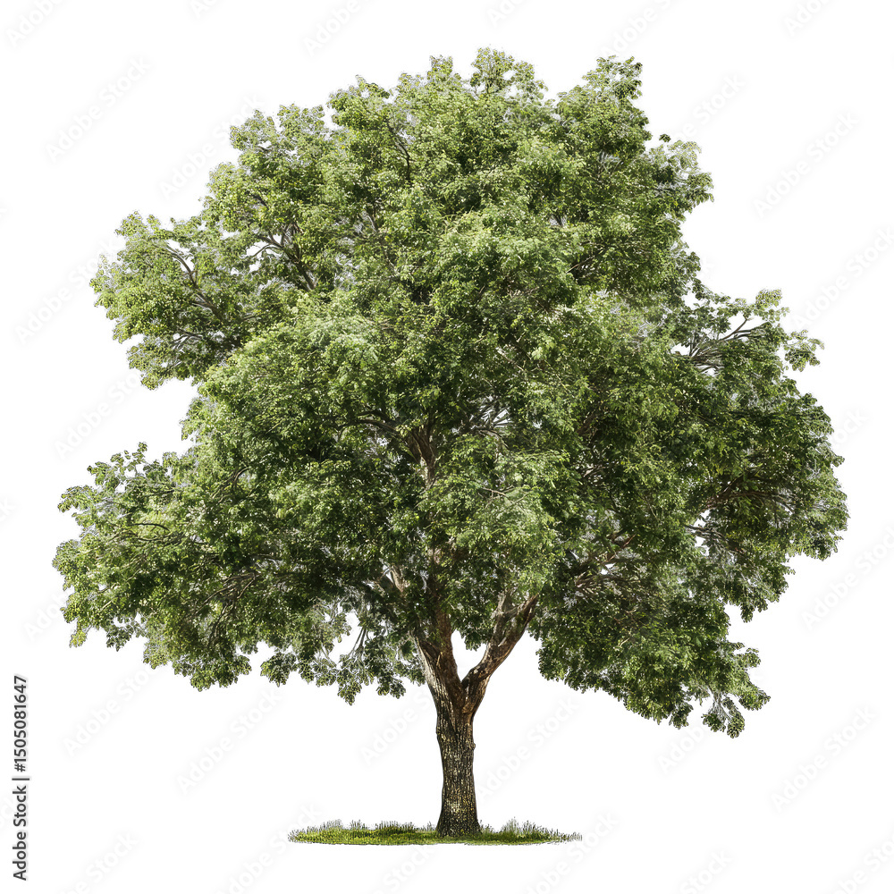 Obraz premium A lush, full-leafed deciduous tree stands alone against a black background, its thick trunk and expansive canopy suggesting maturity and strength
