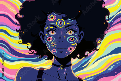  A Black woman with a large afro, her face covered in multiple expressive eyes, each eye unique