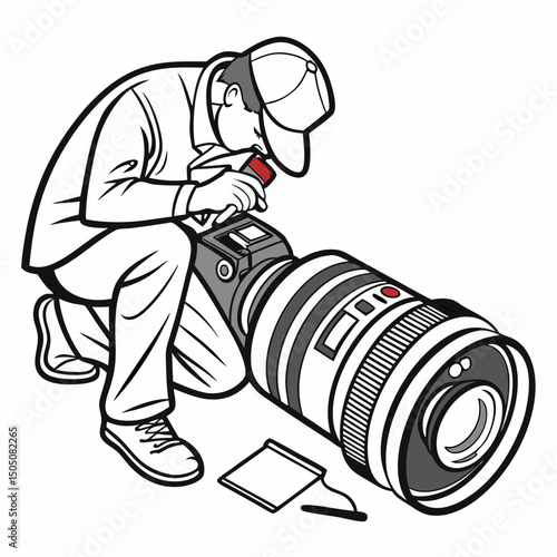 Vector illustration of technician polishing dslr camera lens, isolated on white  background