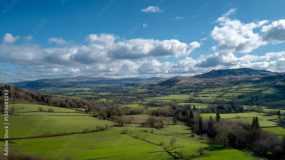 Picturesque rolling green hills and valleys stretch towards distant mountains under a blue sky with fluffy white clouds. Picturesque rolling green hills and valleys stretch towards distant mountains under a blue sky with fluffy white clouds.