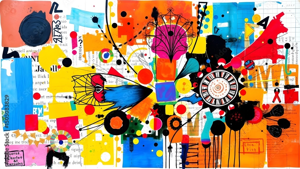 Obraz premium A vibrant and chaotic abstract artwork bursting with color and geometric forms.