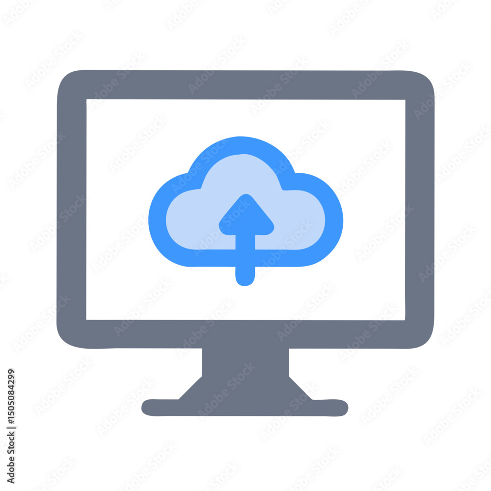 Cloud Upload on Monitor Icon – Digital Data Transfer and Cloud Computing Vector Illustration