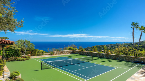 Wallpaper Mural Professional Tennis Court with Scenic View. A visually stunning image of a professional tennis court positioned in a picturesque location with a panoramic view. Torontodigital.ca