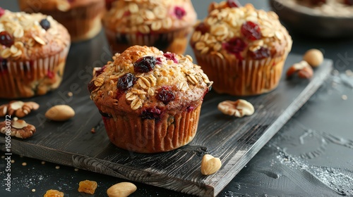 Arrangement of several muffins topped with oats and berries on a dark wooden surface with nuts
