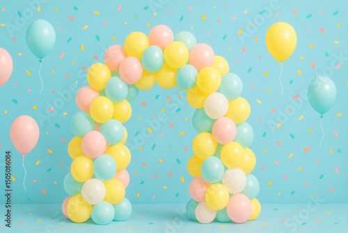 Pastel Balloon Party Backdrop with Arch and Confetti – Horizontal Birthday Celebration Background