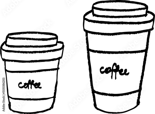 手描き風コーヒーカップのイラスト・大小サイズのテイクアウトカップ