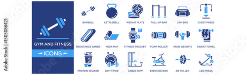 Gym and Fitness icon set. Containing design Dumbbell, Barbell, Kettlebell, Weight Plate, Pull-up Bar. Solid icon collection.