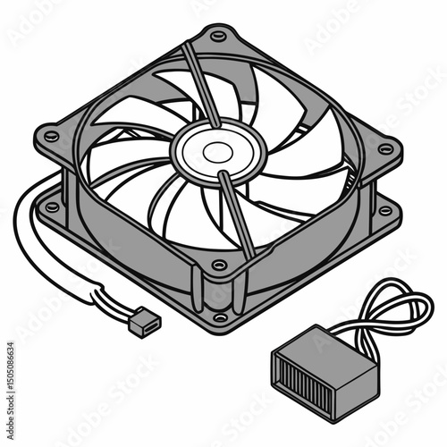black and white computer fan with power supply clip art preview