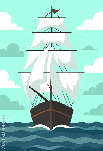 A majestic sailing ship with billowing white sails navigates the open sea under a tranquil sky. The ship appears to be a clipper or similar design, suggesting a journey of exploration and adventure.