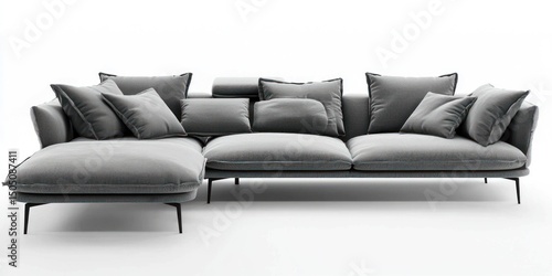 Spacious sofa with chaise and adjustable headrests in gray on white background