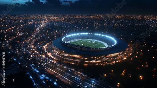 Aerial View of Illuminated Football Stadium at Night. A high-resolution aerial photograph showcasing a brightly lit football stadium at night, surrounded by city lights and urban structures.