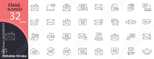 Email business related icons set. Including mail, message, inbox, communication, marketing, newsletter, send, and contact. Editable stroke. outline icons.