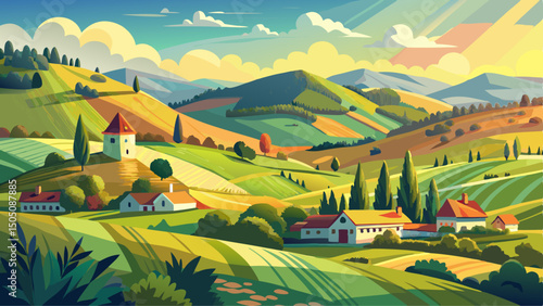 Panorama of beautiful countryside of Romania captures a sunny afternoon in springtime mountains, with grassy field, rolling hills, rural charm, and peaceful landscape bathed in golden light.