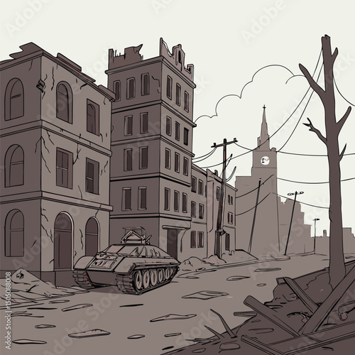 War-Torn Cityscape Tank and Ruined Buildings